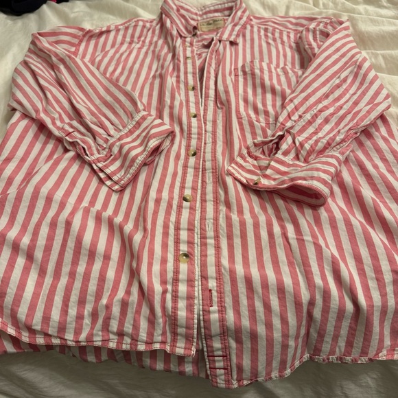 Free People Oversized Coral Pink & White Striped Button Up Shirt - Picture 4 of 7
